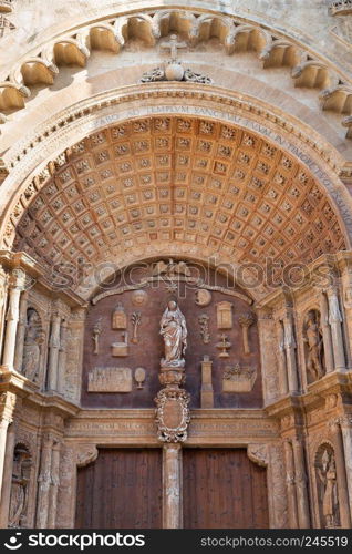 Close-up of a Catholic Gothic church, Mallorca, Spain.