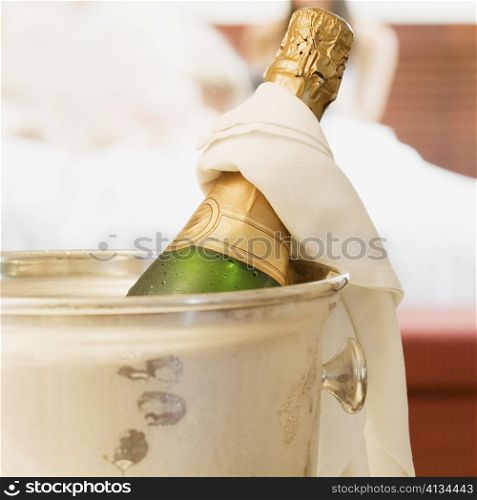 Close-up of a champagne bottle in an ice bucket
