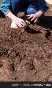 Close up of a childs hands planting a seed in a pot