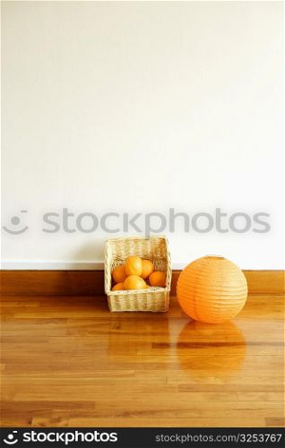 Close-up of a Chinese lantern with a basket of fruit
