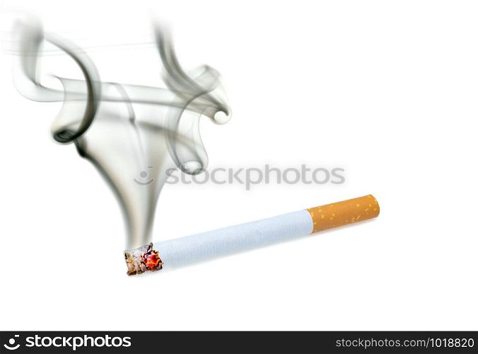 Close up of a cigarette with smoke showing at white background