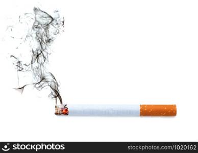 Close up of a cigarette with smoke showing at white background