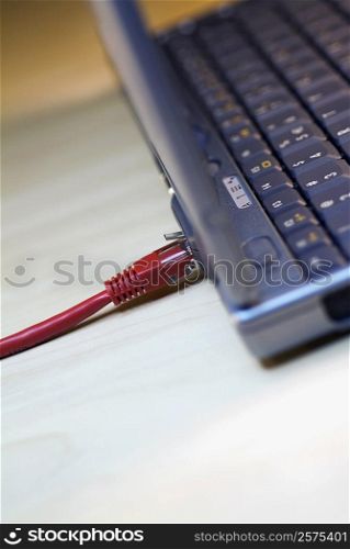 Close-up of a computer cable plugged into a laptop
