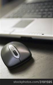 Close-up of a computer mouse with a laptop