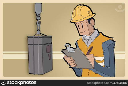 Close-up of a construction worker writing on a clipboard