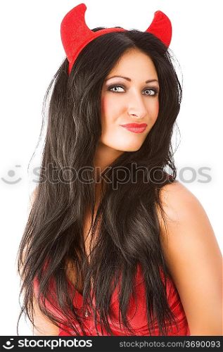 close up of a cute brunette with red horns like a devil. She is turned of three quarters at left and looks in to the lens