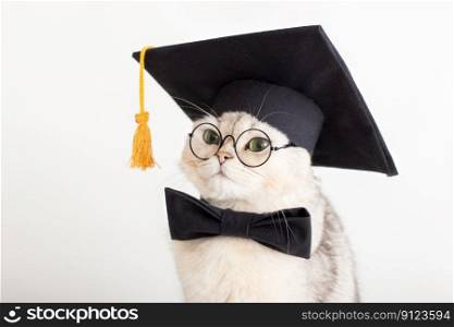 Close-up of a cute cat in a black prom hat, bow tie and glasses, isolated on a white background, looking away. Close-up of a cute cat in a black prom hat, bow tie and glasses, looking away