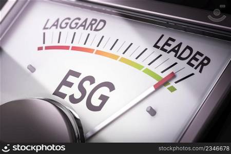 Close up of a dial for ESG Rating, Environmental, Social and Corporate Governance score. 3D illustration.. Corporate Responsibility. ESG Rating, Environmental, Social and Corporate Governance.