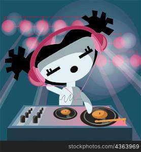 Close-up of a disc jockey wearing headphones and spinning a record