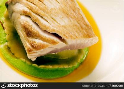 Close-up of a dish of filleted fish