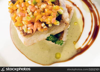 Close-up of a dish of filleted fish