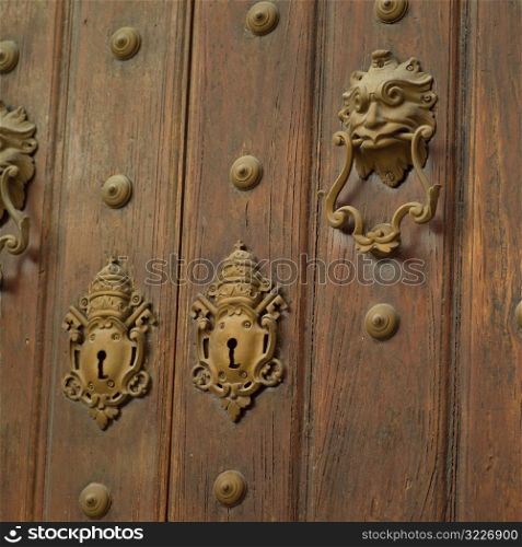 Close-up of a door with ornate brass fixtures, Havana, Cuba