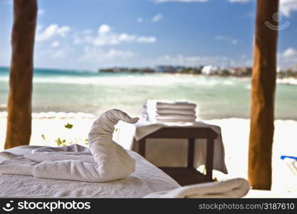 Close-up of a duck shape towel on a table, Playa Del Carmen, Quintana Roo, Mexico