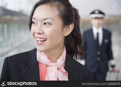 Close-up of a female cabin crew looking away