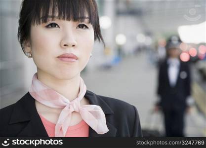 Close-up of a female cabin crew looking up
