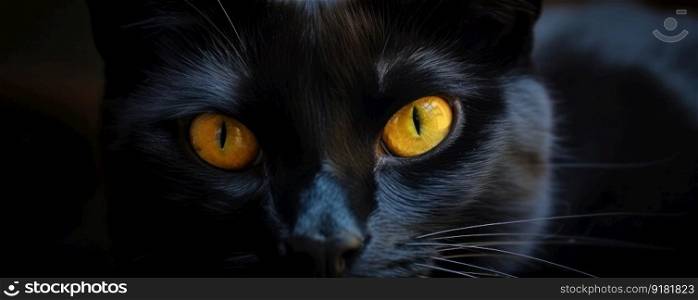 Close-up of a fierce black cat with stunning yellow eyes, exuding an aura of mystery and darkness. Is AI Generative.