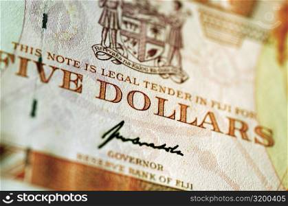 Close-up of a Fiji five dollar banknote