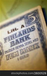Close-up of a Finnish banknote