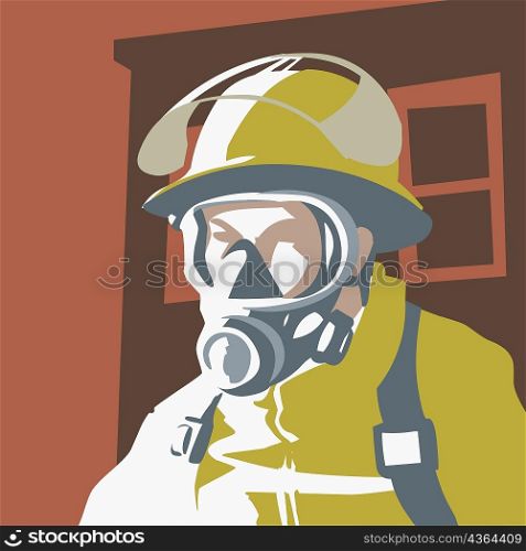Close-up of a firefighter wearing an oxygen mask