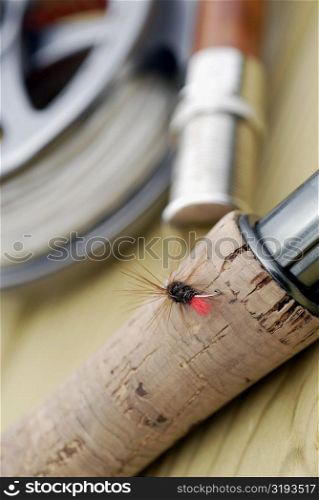Close-up of a fishing lure on a fishing rod