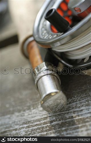 Close-up of a fishing rod and a fishing reel