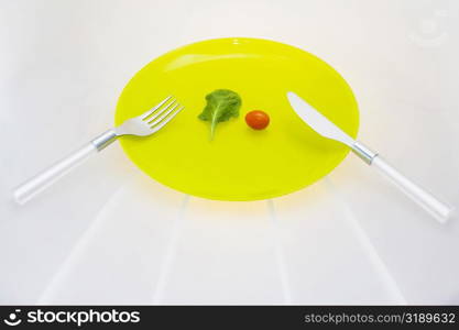 Close-up of a fork and a knife with a cherry tomato on a plate