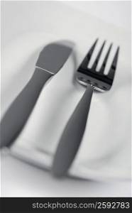 Close-up of a fork and a spoon in a plate