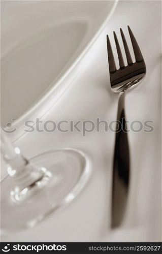 Close-up of a fork and a stem glass with a plate