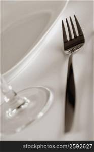 Close-up of a fork and a stem glass with a plate