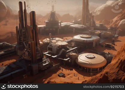 close-up of a futuristic city on mars, with floating buildings and flying vehicles, created with generative ai. close-up of a futuristic city on mars, with floating buildings and flying vehicles