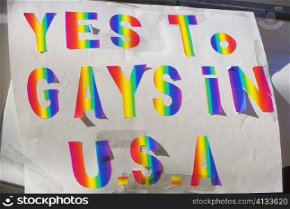 Close-up of a gay rights protest banner