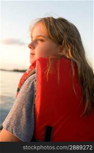 Close-up of a girl wearing life jacket, Lake of the Woods, Ontario, Canada
