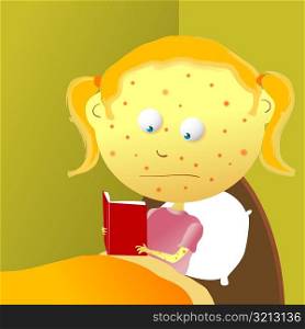 Close-up of a girl with red spots on her face and reading a book