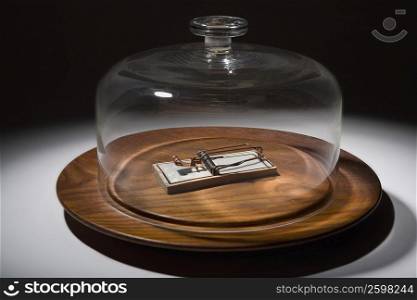 Close-up of a glass container covering a mousetrap on a dish