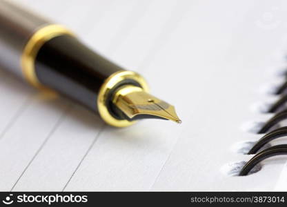 Close up of a gold fountain pen nib on a spiral bound note pad, with shallow d o f