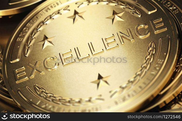 Close up of a golden medal with the word excellence written in relief. Concept of accomplishment. 3D illustration. Business Excellence Symbol