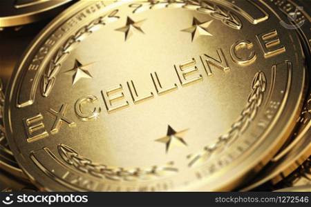 Close up of a golden medal with the word excellence written in relief. Concept of accomplishment. 3D illustration. Business Excellence Symbol