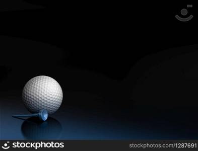 Close up of a golf ball over a black and blue background, the golfball is located at the bottom left of the image, there is room for text and reflection. Golf ball over black and blue background