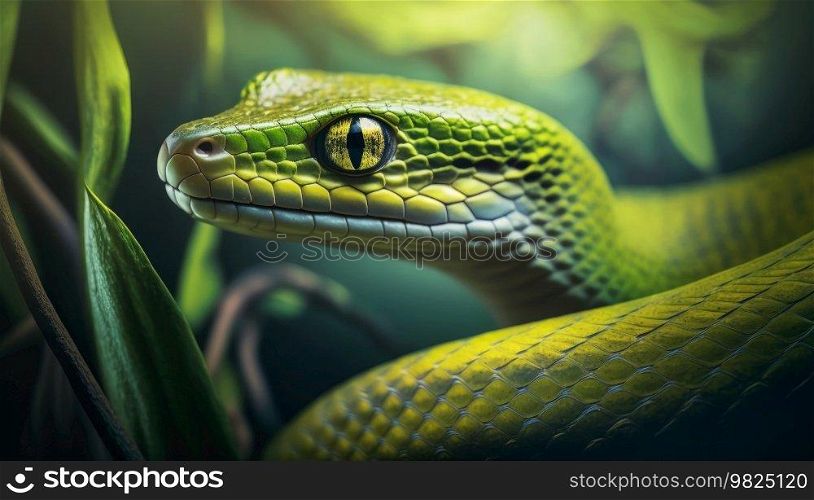Close-up of a green mamba snake in a tropical environment surrounded by lush green plants. The snake’s distinctive green coloration blends in perfectly with the vibrant green foliage, making it difficult to spot. Its eyes are fixed on something, possibly prey, as it lurks in the foliage, waiting for the right moment to strike. The detail of the snake’s scales and texture is captured perfectly in the image, making it seem almost three-dimensional. The lush green background further enhances the natural beauty of the snake and creates a sense of awe and wonder in the viewer. The photo is both captivating and eerie, showcasing the raw power of nature. AI generative illustration