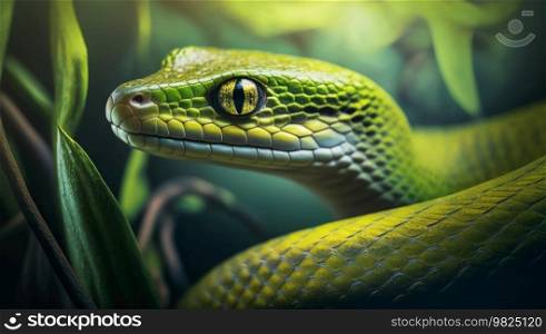 Close-up of a green mamba snake in a tropical environment surrounded by lush green plants. The snake’s distinctive green coloration blends in perfectly with the vibrant green foliage, making it difficult to spot. Its eyes are fixed on something, possibly prey, as it lurks in the foliage, waiting for the right moment to strike. The detail of the snake’s scales and texture is captured perfectly in the image, making it seem almost three-dimensional. The lush green background further enhances the natural beauty of the snake and creates a sense of awe and wonder in the viewer. The photo is both captivating and eerie, showcasing the raw power of nature. AI generative illustration