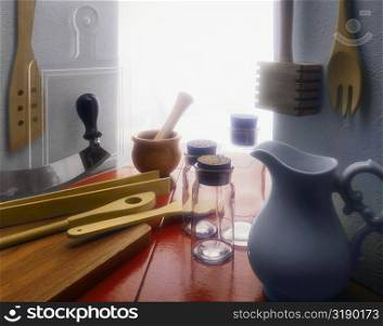 Close-up of a group of utensils in the kitchen