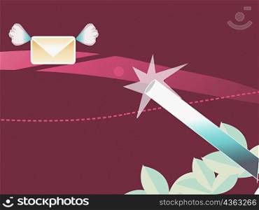Close-up of a gun shooting an envelope flying in the sky