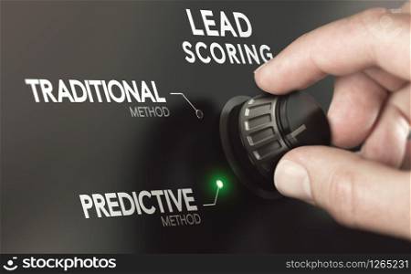 Close up of a hand turning a switch to choose predictive lead scoring instead of traditional methodology. Composite image between a hand photography and a 3D background.. Choosing Predictive Lead Scoring Instead of Traditional Methodology.
