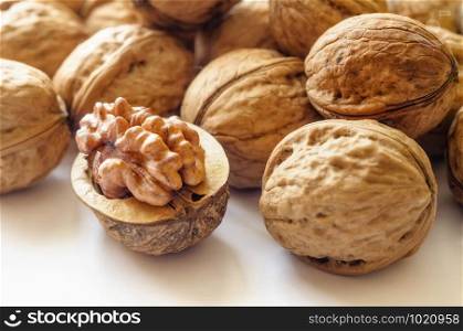 Close up of a heap of dry tasty walnuts