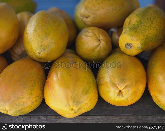 Close-up of a heap of papayas in a market stall, Providencia, Providencia y Santa Catalina, San Andres y Providencia Department, Colombia
