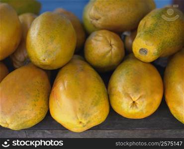 Close-up of a heap of papayas in a market stall, Providencia, Providencia y Santa Catalina, San Andres y Providencia Department, Colombia