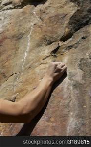 Close-up of a human arm gripping a rock
