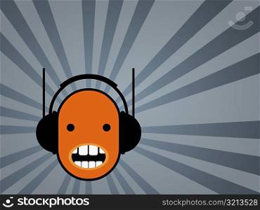 Close-up of a human face wearing headphones against a striped background