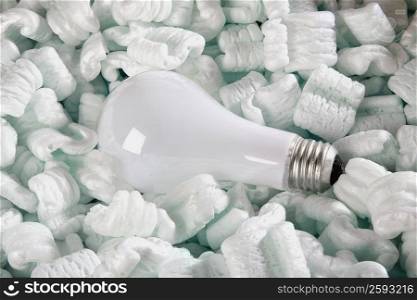 Close-up of a light bulb on packing peanuts