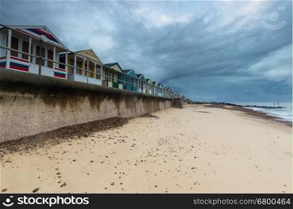 Close up of a line of beach huts at southwold Pier in Suffolk